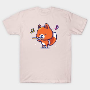 Cute Fox Playing Flute Music T-Shirt